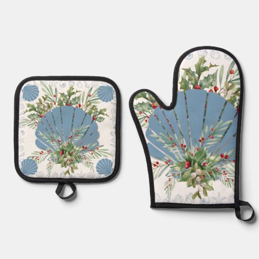 Blue Seashell Coastal Christmas Ovenwant & Pannenlap Set (Voorkant)