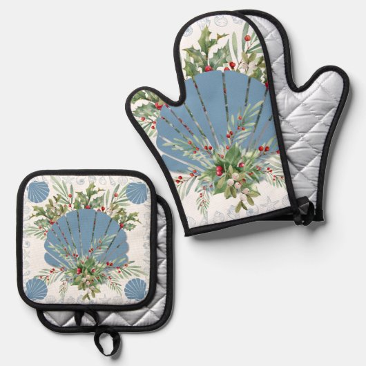 Blue Seashell Coastal Christmas Ovenwant & Pannenlap Set (Voorkant / Achterkant)