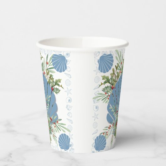Blue Seashell Coastal Christmas Papieren Bekers (Links)