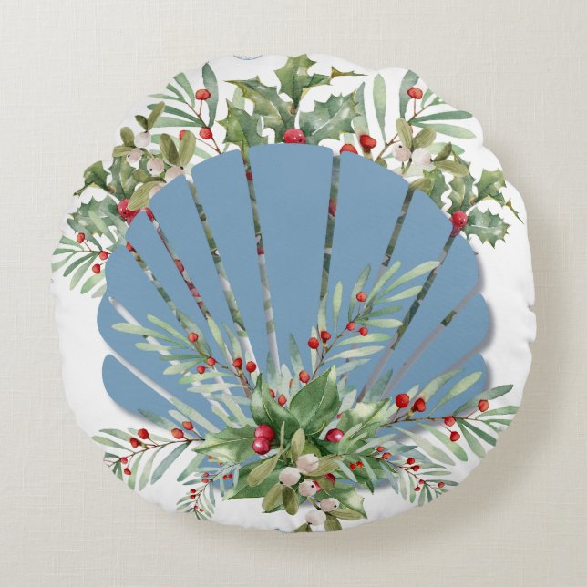 Blue Seashell Coastal Christmas Rond Kussen (Voorkant)