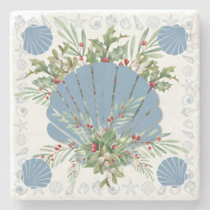 Blue Seashell Coastal Christmas Stenen Onderzetter