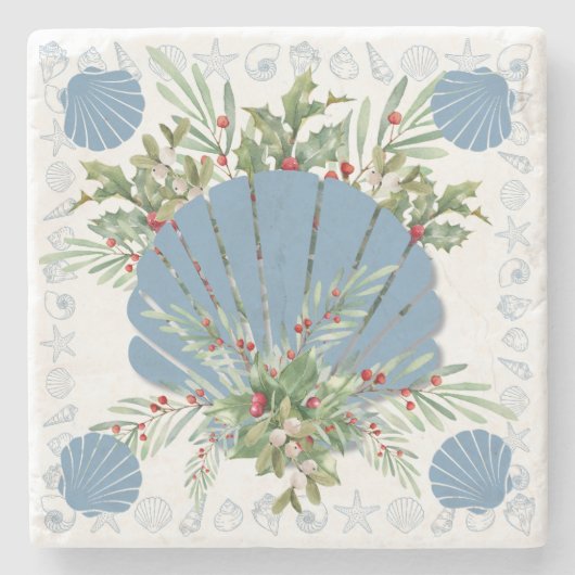 Blue Seashell Coastal Christmas Stenen Onderzetter (Voorkant)