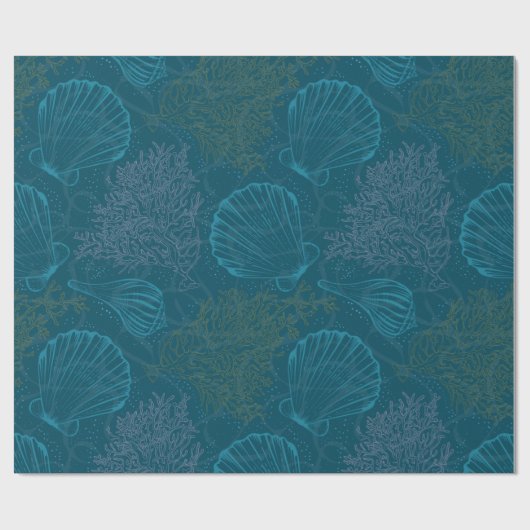 Blue Seashell Coral Pattern Wrapping Paper Cadeaupapier (Vlak)