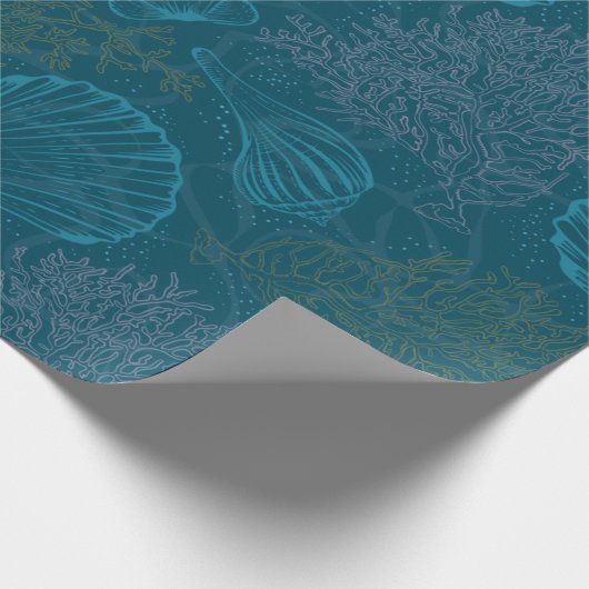 Blue Seashell Coral Pattern Wrapping Paper Cadeaupapier (Hoek)