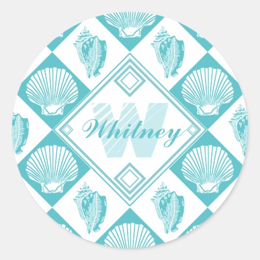 Blue Seashell Diamond Nautical Beach Monogram Ronde Sticker (Voorkant)