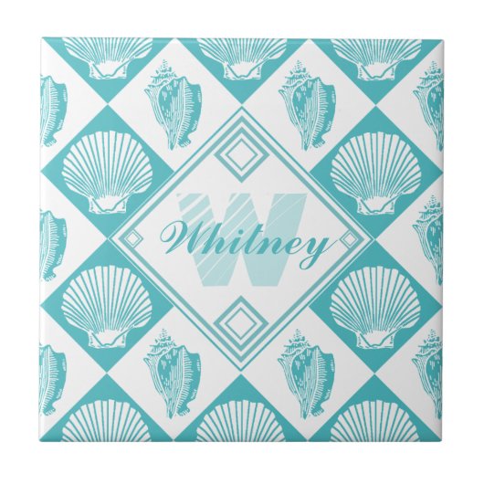 Blue Seashell Diamond Nautical Beach Monogram Tegeltje (Voorkant)
