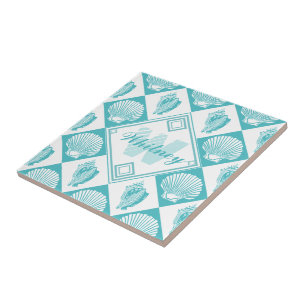 Blue Seashell Diamond Nautical Beach Monogram Tegeltje