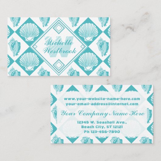 Blue Seashell Diamond Nautical Beach Monogram Visitekaartje (Voorkant / Achterkant)