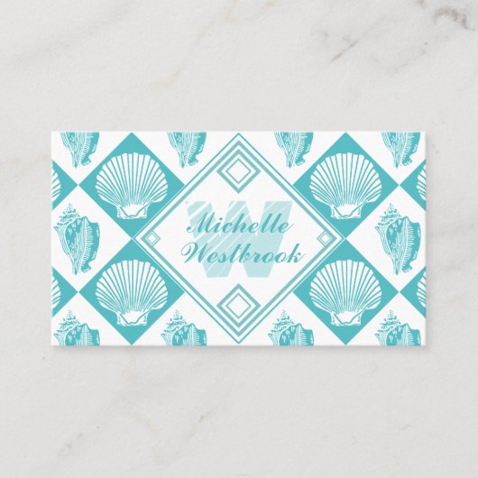 Blue Seashell Diamond Nautical Beach Monogram Visitekaartje (Voorkant)