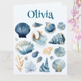 Blue Seashell Folded Card | Custom Name Kaart