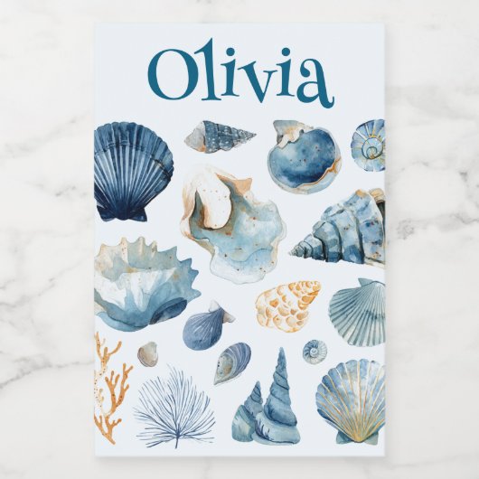 Blue Seashell Food Container Label | Custom Name Voedselcontainer Etiket (Enkel label)