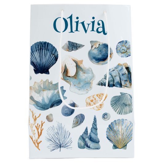 Blue Seashell Gift Bag | Custom Name Medium Cadeauzakje (Achterkant)