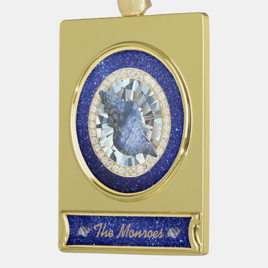 Blue Seashell Jewel Blue Faux Glitter Verguld Banner Ornament (Links)