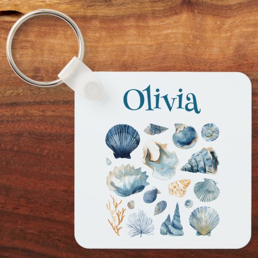 Blue Seashell Keychain | Custom Name (Voorkant)