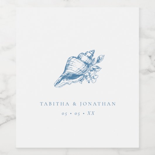 Blue Seashell Kustbruiloft Wijn Etiket (Enkel label)