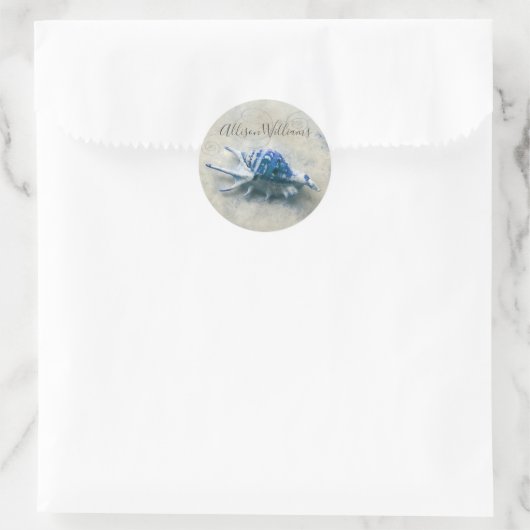 Blue Seashell Kustmonografie Modern Script Ronde Sticker (Tas)