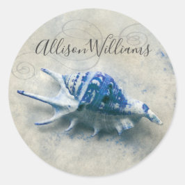 Blue Seashell Kustmonografie Modern Script Ronde Sticker