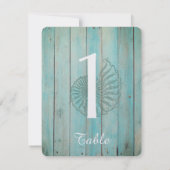 Blue Seashell on Wood Beach Wedding Table Number Kaart (Achterkant)