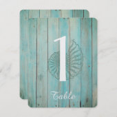 Blue Seashell on Wood Beach Wedding Table Number Kaart (Voorkant / Achterkant)