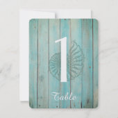 Blue Seashell on Wood Beach Wedding Table Number Kaart (Voorkant)