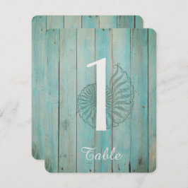 Blue Seashell on Wood Beach Wedding Table Number Kaart