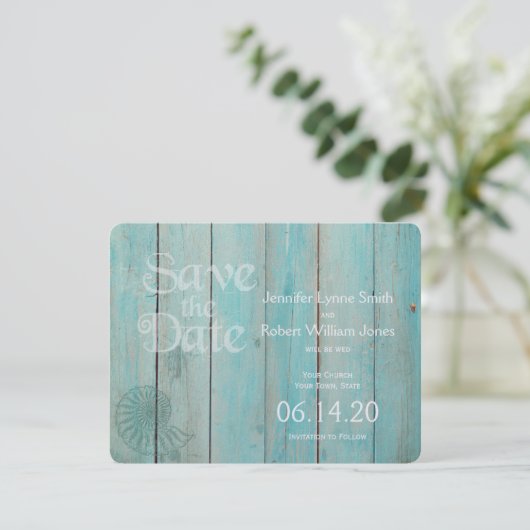 Blue Seashell op het houten strand Weddenschap Sav Save The Date (Staand voorkant)