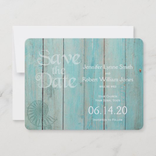 Blue Seashell op het houten strand Weddenschap Sav Save The Date (Voorkant)