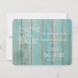Blue Seashell op het houten strand Weddenschap Sav Save The Date