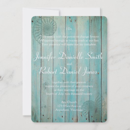 Blue Seashell op Wood Beach bruiloft Kaart (Voorkant)