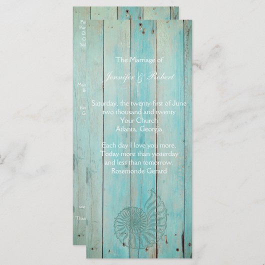 Blue Seashell op Wood Beach bruiloft programma Programmakaart (Voorkant / Achterkant)