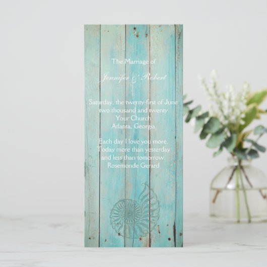 Blue Seashell op Wood Beach bruiloft programma Programmakaart (Staand voorkant)