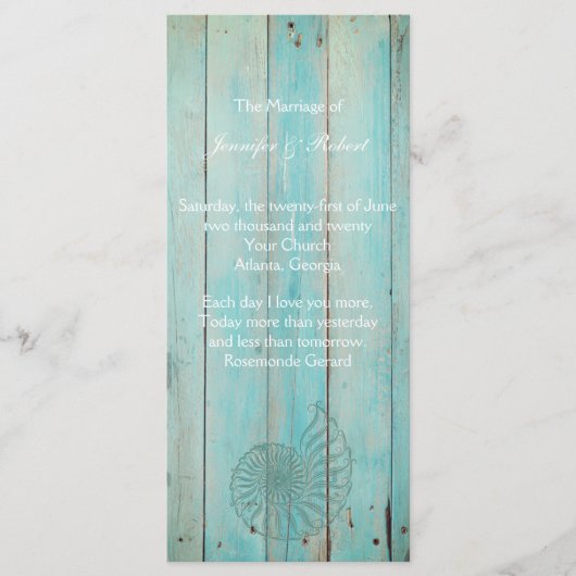 Blue Seashell op Wood Beach bruiloft programma Programmakaart (Voorkant)