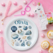 Blue Seashell Papieren Borden | Aangepaste naam Papieren Bordje (Feest)