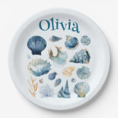 Blue Seashell Papieren Borden | Aangepaste naam Papieren Bordje (Voorkant)
