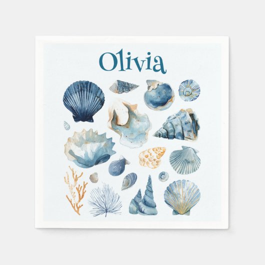 Blue Seashell Papieren servetten | Aangepaste naam (Voorkant)