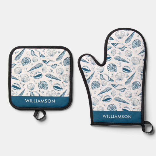 Blue Seashell-patroon Ovenwant & Pannenlap Set (Voorkant)