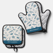 Blue Seashell-patroon Ovenwant & Pannenlap Set (Voorkant / Achterkant)