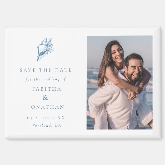 Blue Seashell Photo Coastal Wedding Save the Date Magneet (Voorkant)