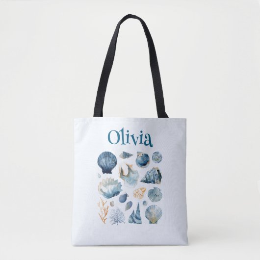 Blue Seashell Tote Bag – Custom Name (Voorkant)