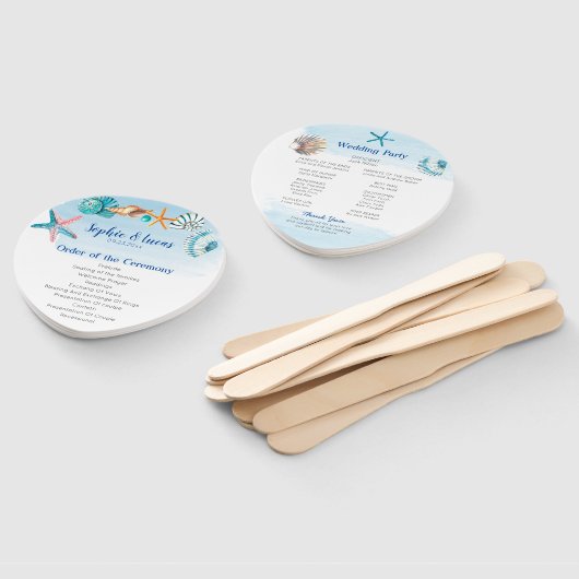 Blue Seashell Waterverf Theme Wedding Programme Handwaaier (Niet-gemonteerd)
