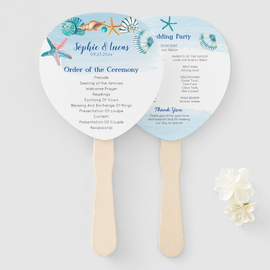 Blue Seashell Waterverf Theme Wedding Programme Handwaaier (Voorkant en achterkant)