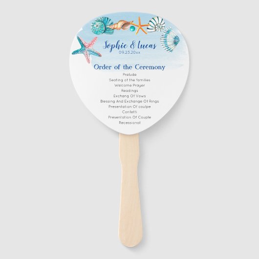 Blue Seashell Waterverf Theme Wedding Programme Handwaaier (Voorkant)