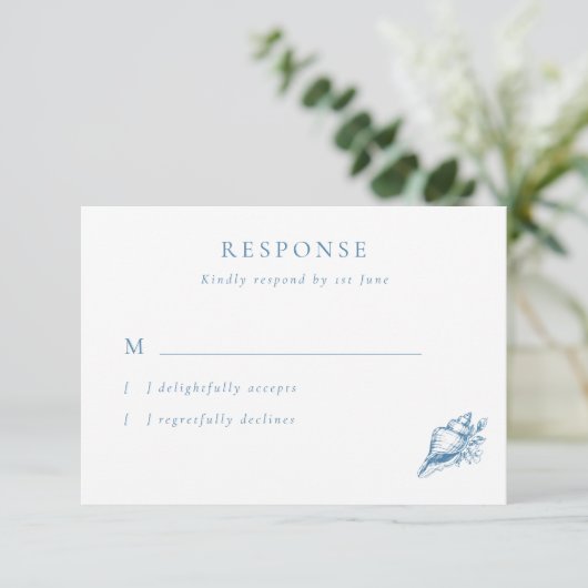  Blue Seashell Wedding RSVP Kaart (Staand voorkant)