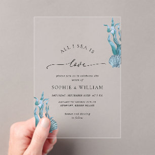 Blue Seashell Zee Ocean Nautical Coastal Wedding Acryl Uitnodigingen