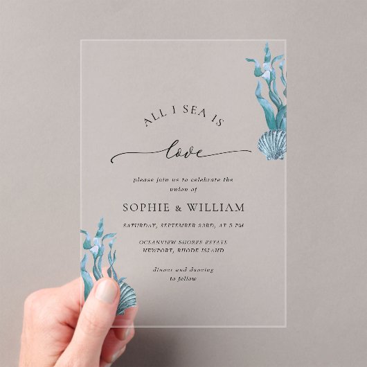 Blue Seashell Zee Ocean Nautical Coastal Wedding Acryl Uitnodigingen (Insitu (Draagbaar))