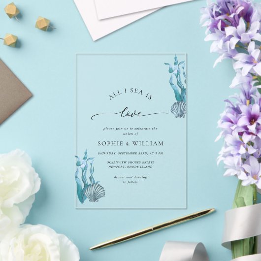 Blue Seashell Zee Ocean Nautical Coastal Wedding Acryl Uitnodigingen (Insitu (Huwelijk))