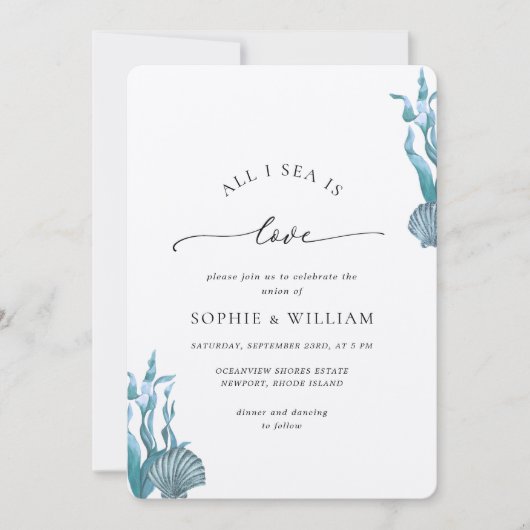 Blue Seashell Zee Ocean Nautical Coastal Wedding Kaart (Voorkant)