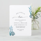 Blue Seashell Zee Ocean Nautical Coastal Wedding Kaart (Staand voorkant)