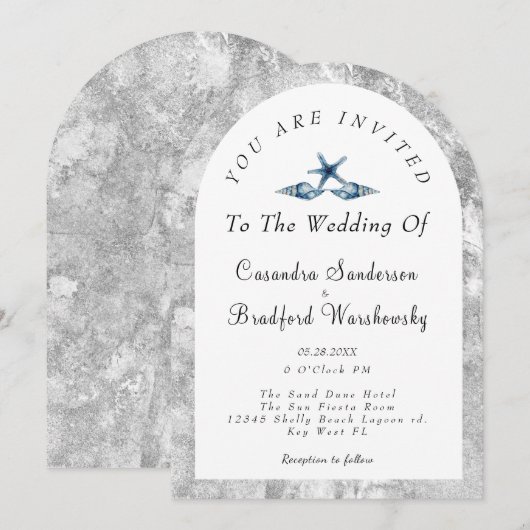 Blue Seashell Zilvergrijs Waterverf Strandbruiloft Kaart (Voorkant / Achterkant)