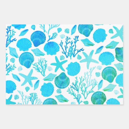 Blue Seashells and Coral Pattern Seaside Cadeaut Inpakpapier Vel (Voorkant 2)